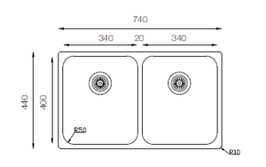 Undermount Series / R50 - Double Bowls Sink - D 340.50.50 - 740mm x 440mm