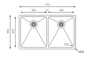 Micro Series / R20 - Double Bowls Sink - MU 340.50.50 - 740mm x 440mm